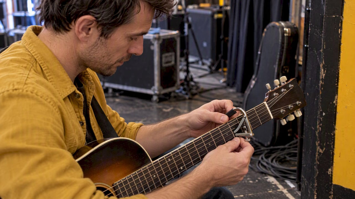 Guitarist fitting a capo before playing