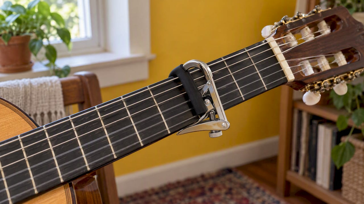 Capo positioned just behind a guitar fret