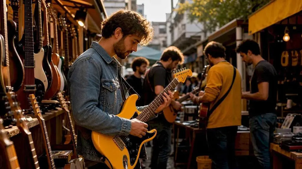 Musician browsing guitars inside boutique shop