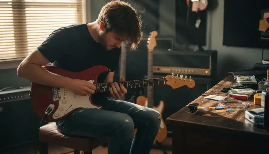Guitarist restringing guitar in home studio