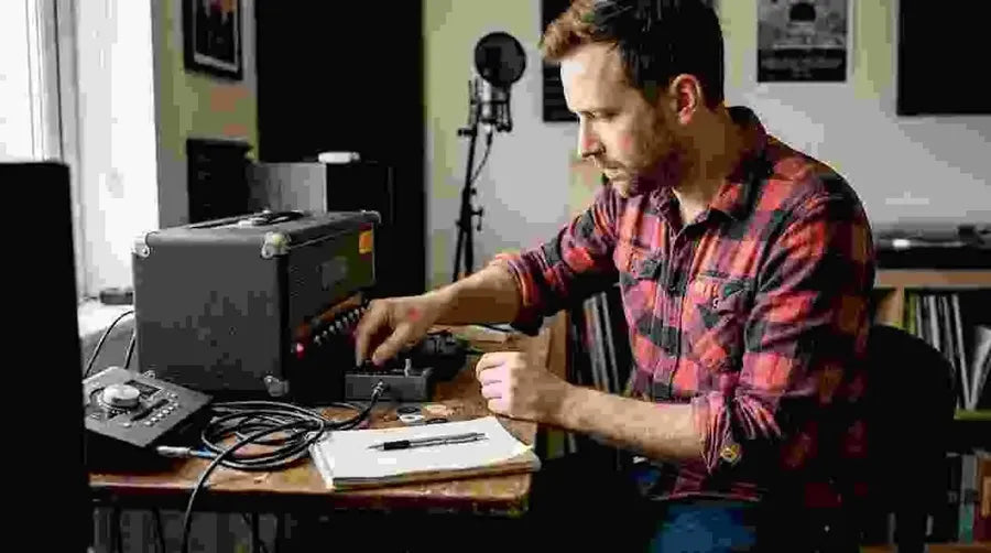 Guitarist adjusting noise gate pedal home studio