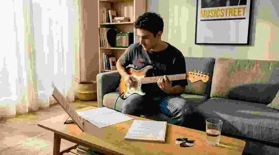 Man practicing guitar scales at home