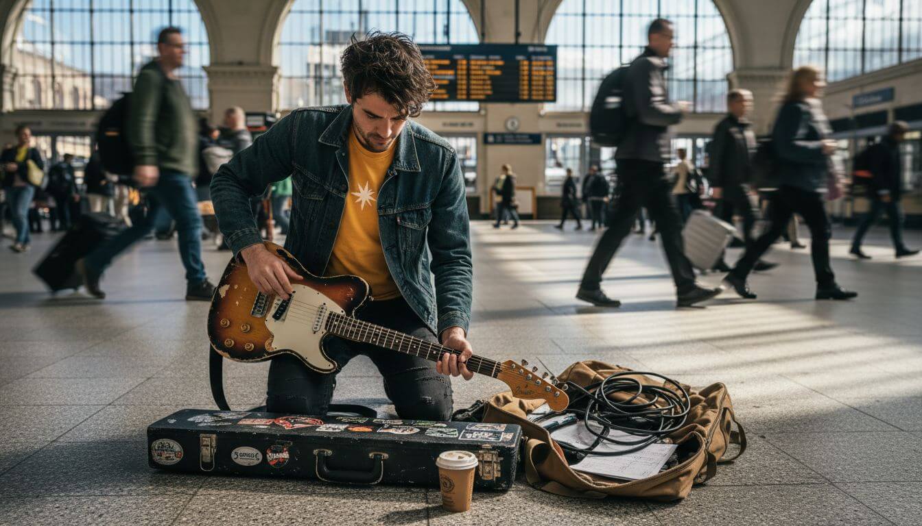 Guitarist packs guitar in hardshell case at station