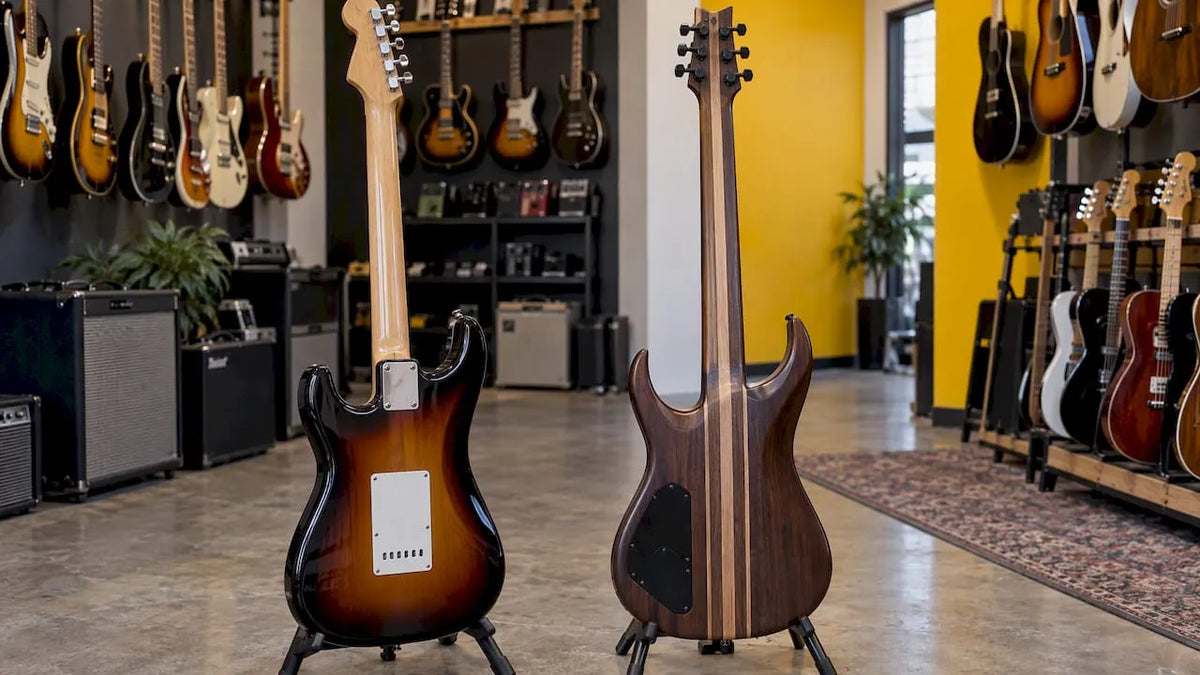 Two electric guitars with contrasting neck joints