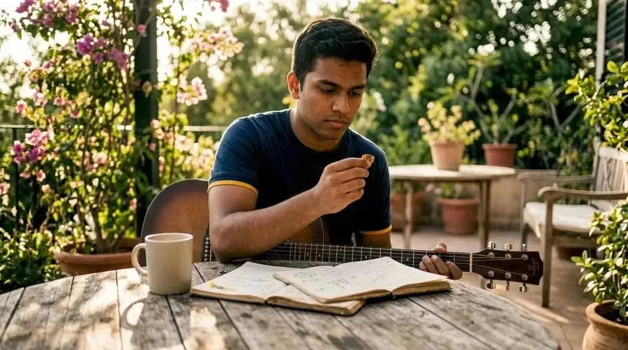 Man examining guitar pick at desk