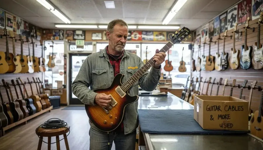 Man inspecting used guitar in shop