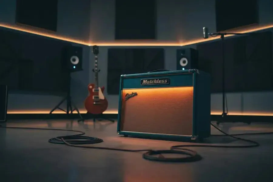 Matchless amplifier in a music studio, showcasing boutique craftsmanship and design