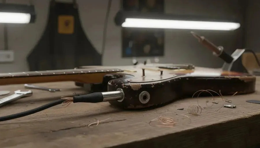 Closeup of electric guitar output jack on workbench