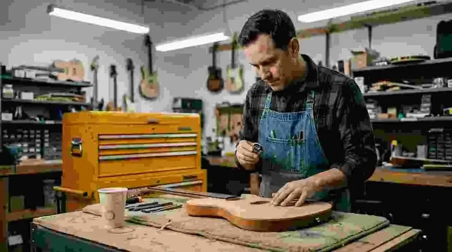 Guitar technician inspecting solid body guitar