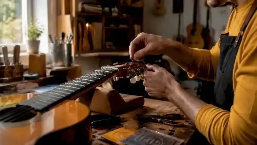 Hands fitting new guitar strings close-up