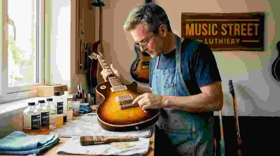 Luthier inspecting nitro-finished guitar in workshop