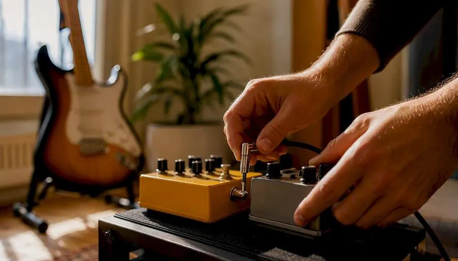 Hands plugging patch cord between pedals