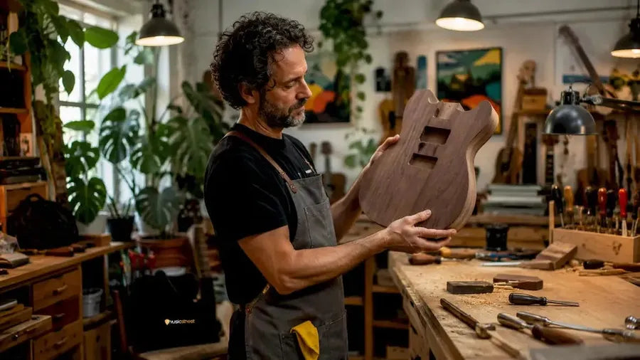 Luthier inspecting alder guitar body blank in workshop