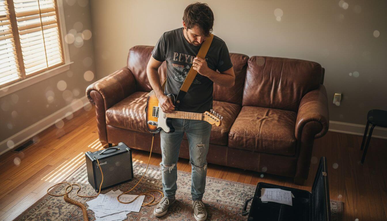 Guitarist adjusting strap in living room