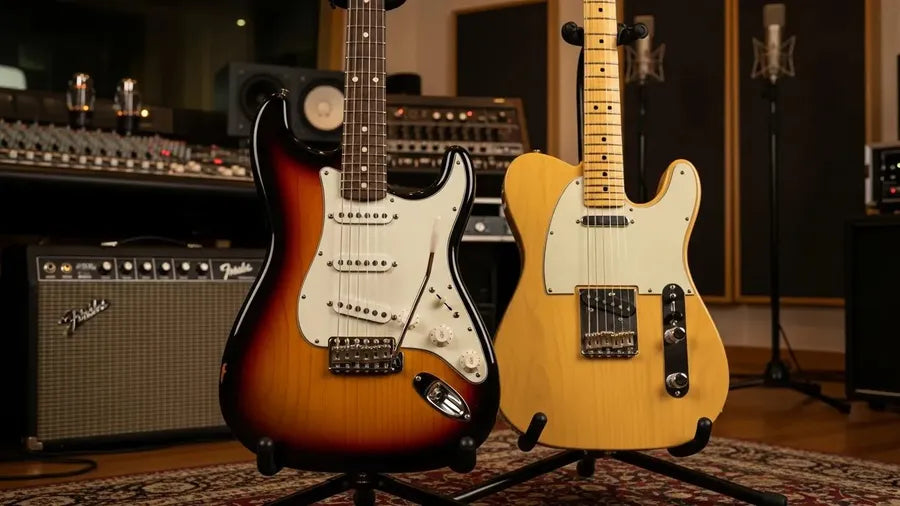Fender Stratocaster and Telecaster guitars displayed in a music studio, emphasizing their unique designs and appeal to guitarists.