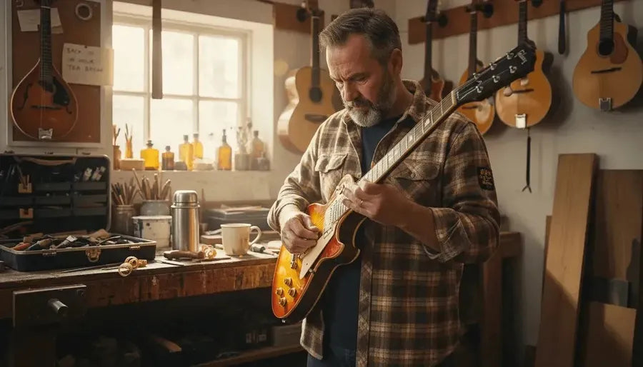 Luthier polishing custom finished guitar