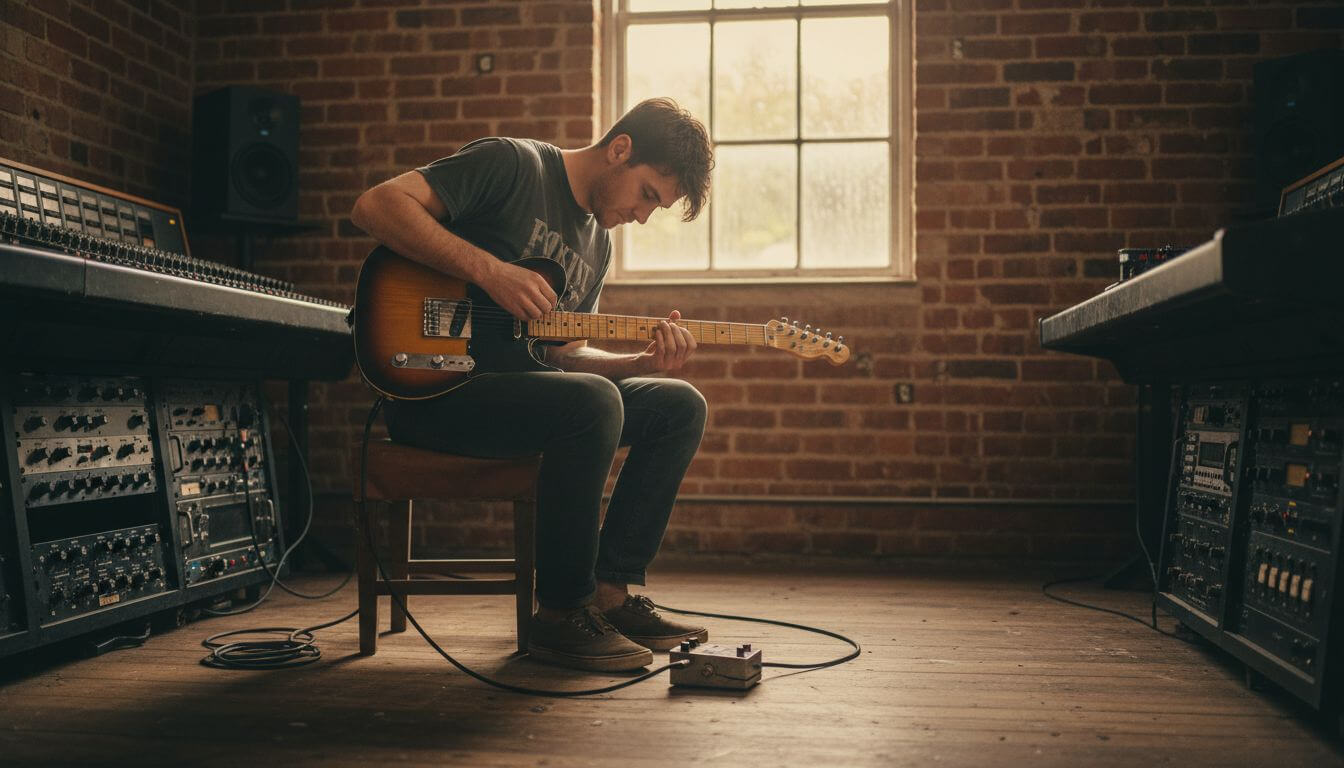 Guitarist adjusting guitar pickups in studio