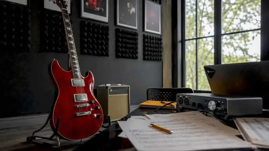 Close-up of electric guitar in music studio