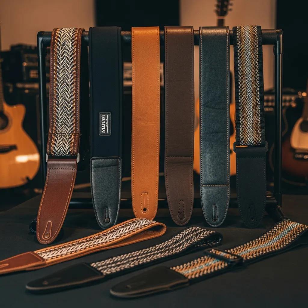 Variety of guitar straps displayed in a music studio, showcasing different materials and styles
