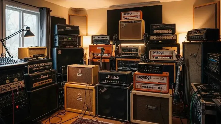 Diverse selection of guitar amplifiers in a cozy home studio, highlighting quality and expertise