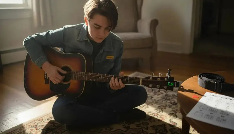 Teen guitarist surrounded by beginner essentials