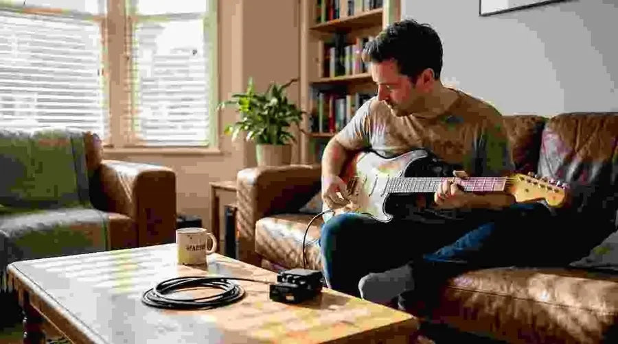 Guitarist adjusting knob in casual home setting