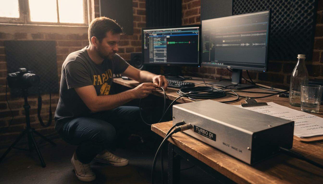 Audio engineer connecting DI box in studio