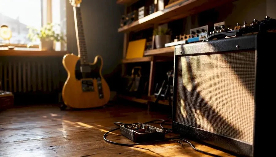 Close-up guitar amplifier setup in studio corner