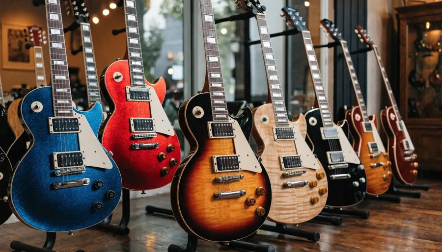 Showcase of iconic Gibson electric guitars including Les Paul and SG models in a music store