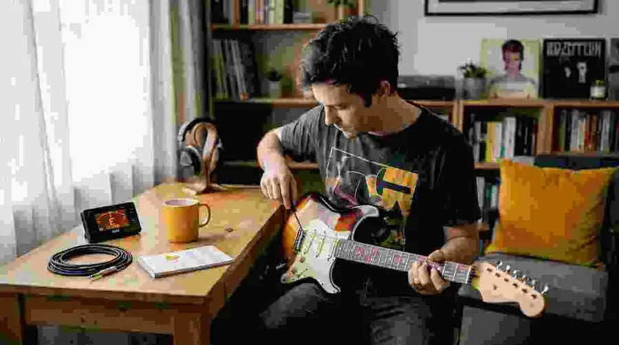 Guitarist adjusting guitar intonation at home desk