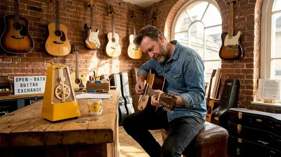 Man checking acoustic guitar in UK shop
