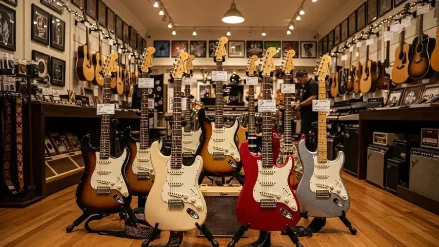 Display of various Fender Stratocaster models in a warm music shop setting