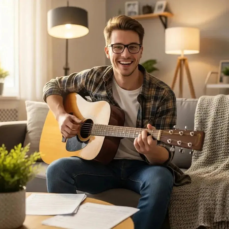 Beginner guitarist with acoustic guitar in a cozy living room, representing the excitement of learning music