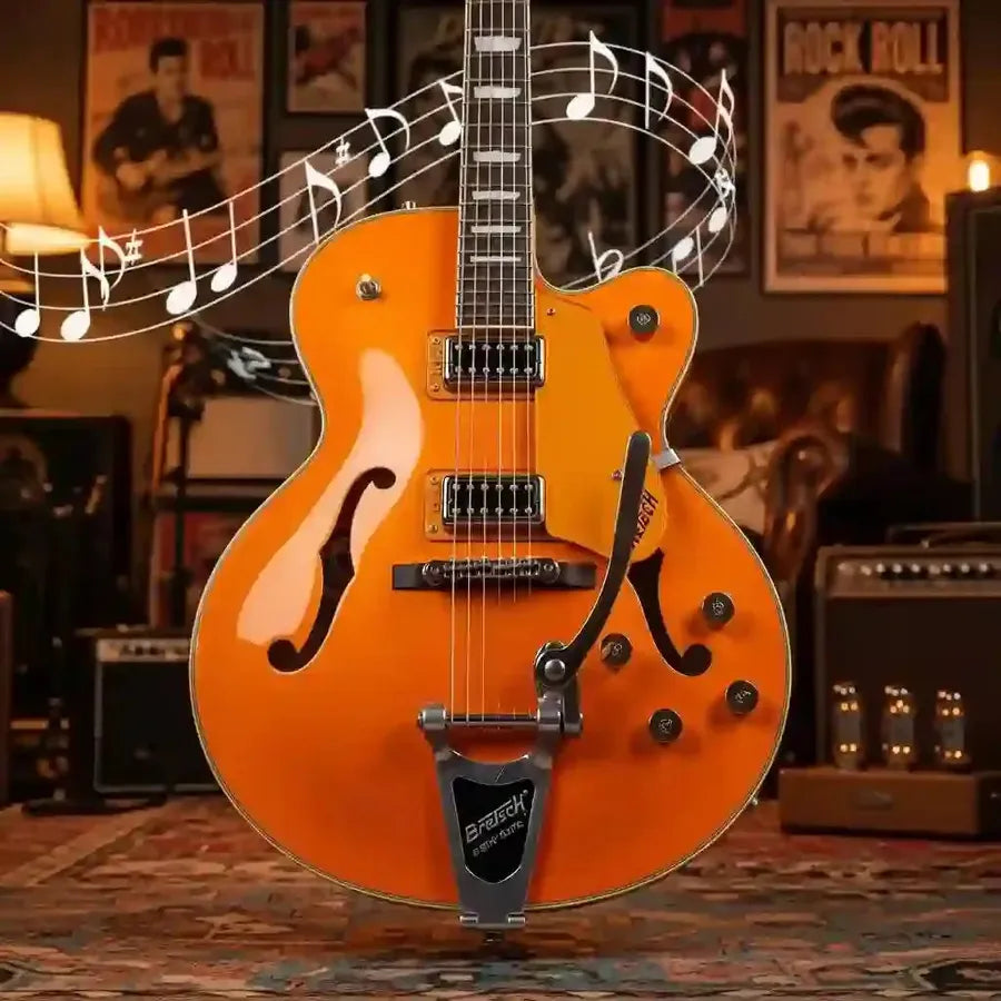 Gretsch hollow body guitar in a music studio, highlighting its classic design and rockabilly appeal