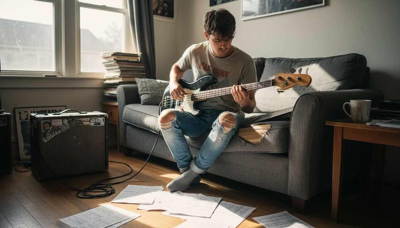 Young man practicing bass guitar scales at home