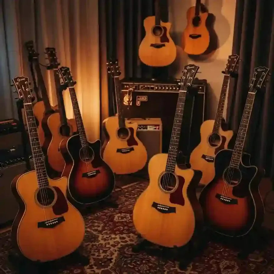 Variety of acoustic guitars in a cozy music room, showcasing different models and finishes