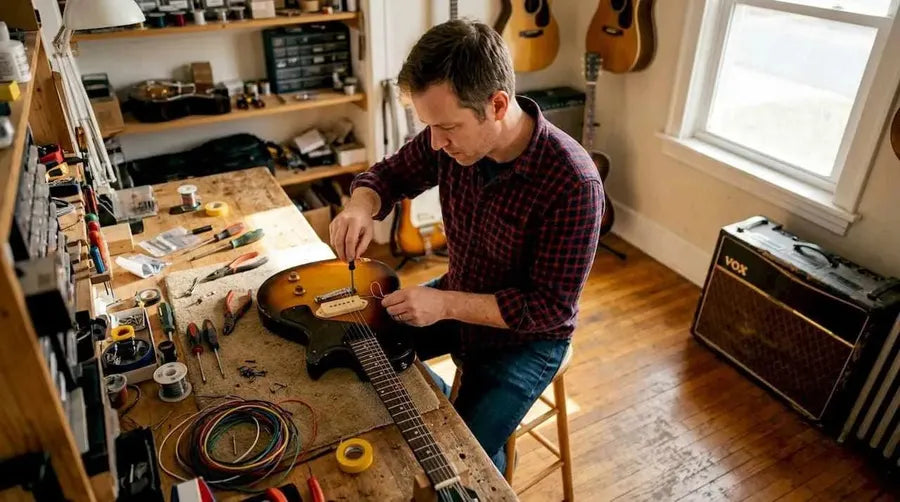 Guitar technician installing P90 pickup in studio