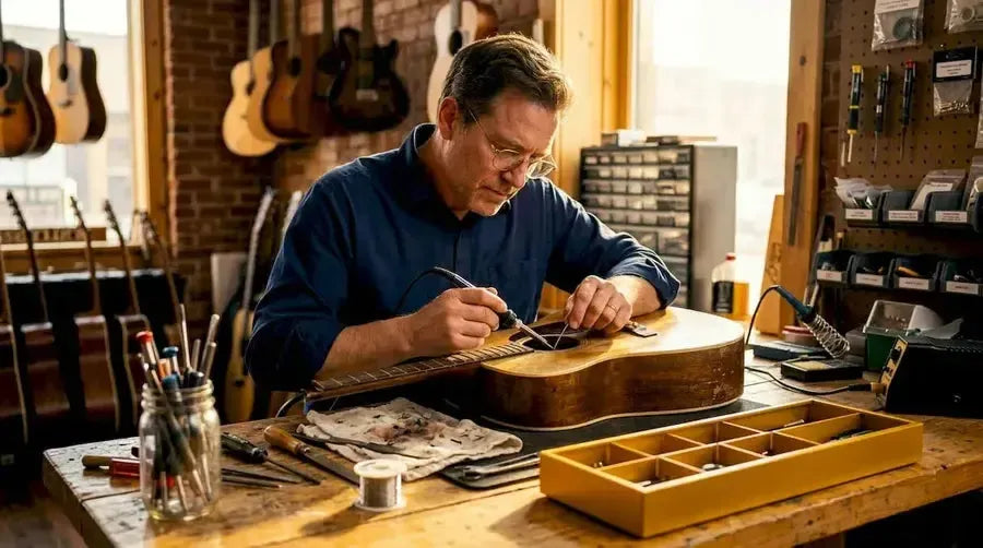 Technician installing pickup in acoustic guitar