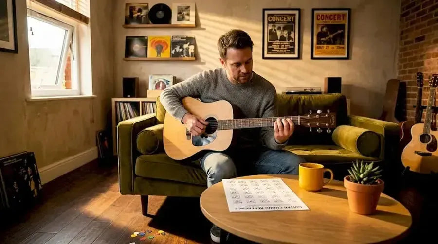 Man practicing guitar chords on living room sofa