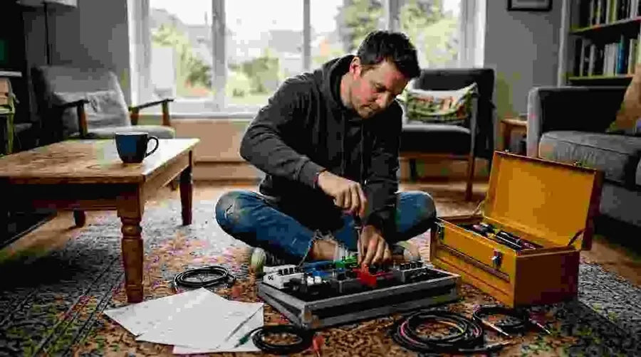 Guitarist assembling pedalboard in living room
