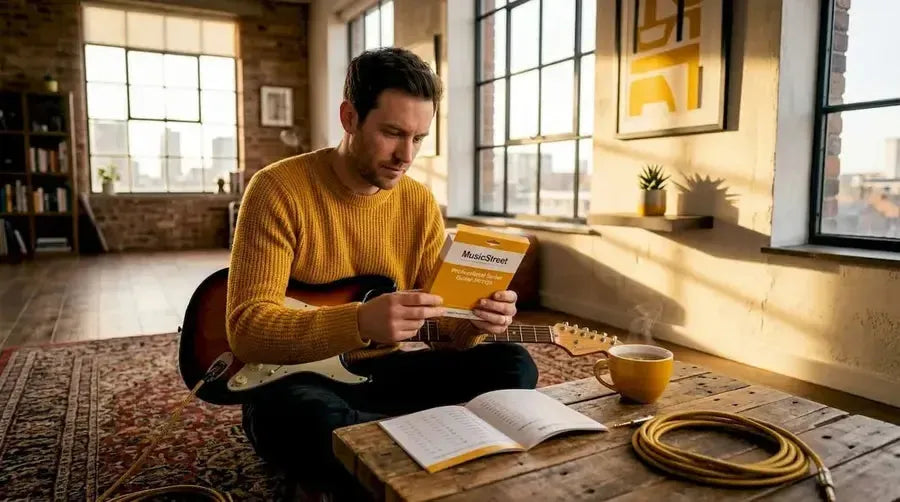 Guitarist reading string gauge packaging at home