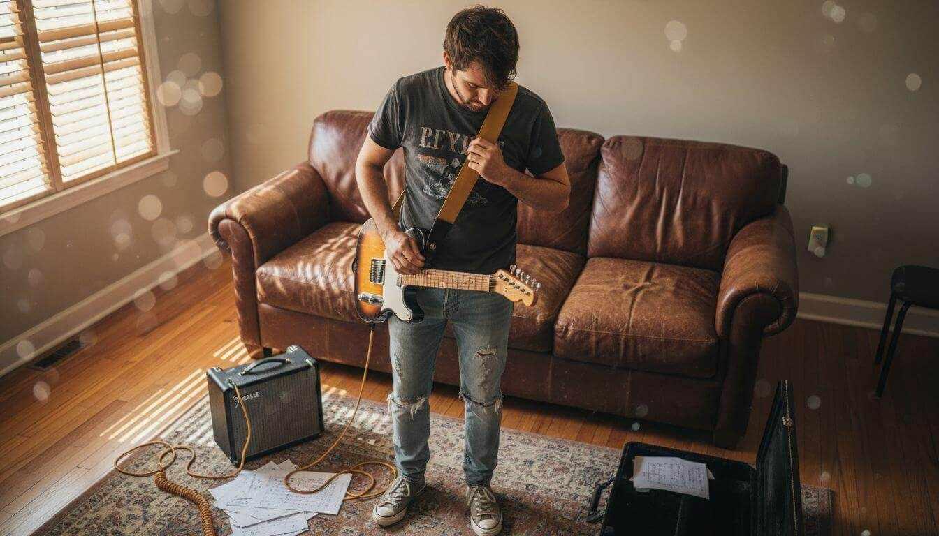 Guitarist adjusting strap in living room