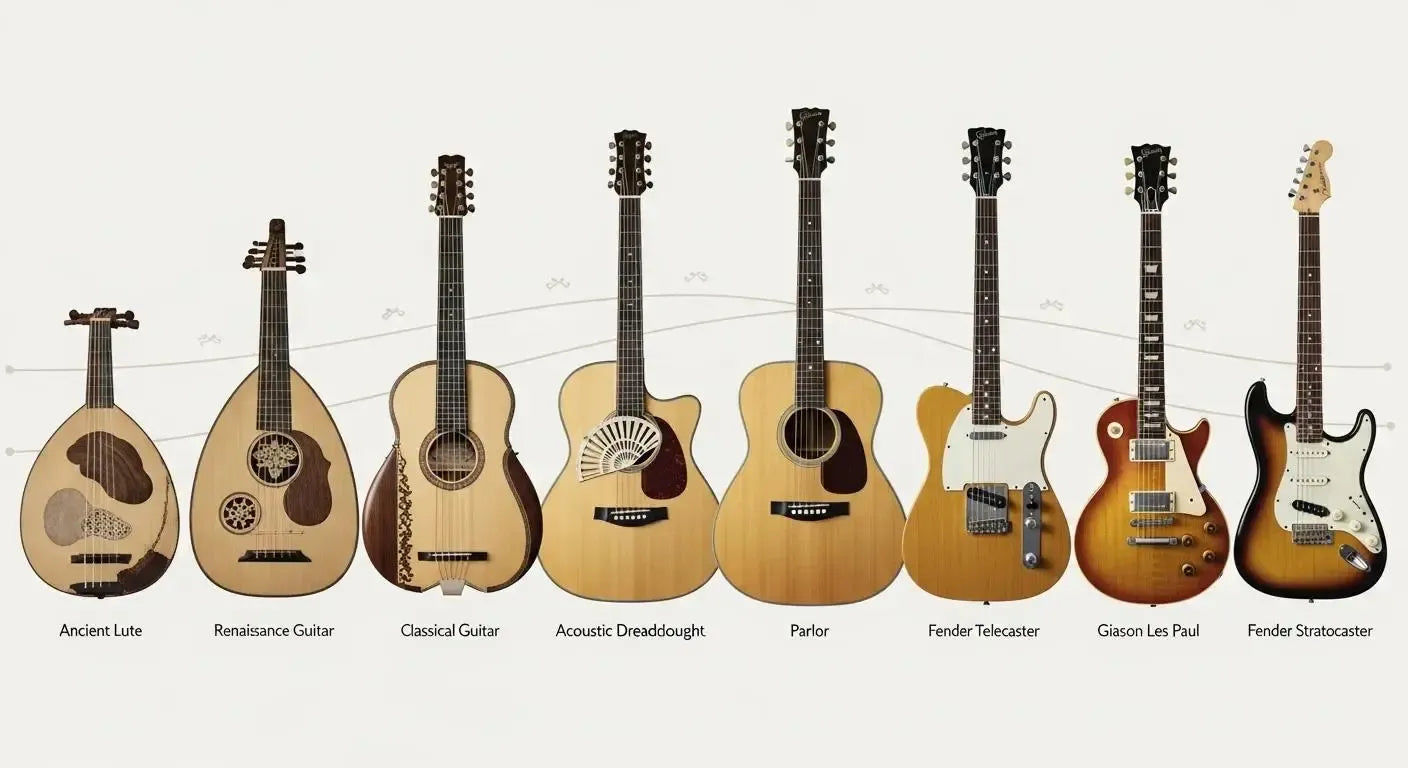 A visual timeline of the guitar's evolution, featuring ancient lutes, Renaissance guitars, and iconic vintage electric models