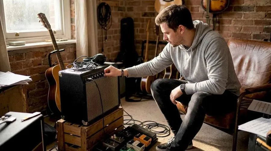 Guitarist adjusting solid state amplifier settings