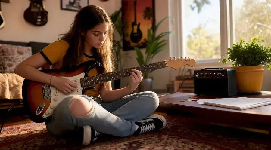 Teen girl practicing electric guitar at home