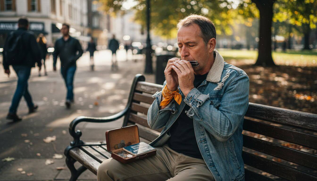 Blues harmonica player on city park bench