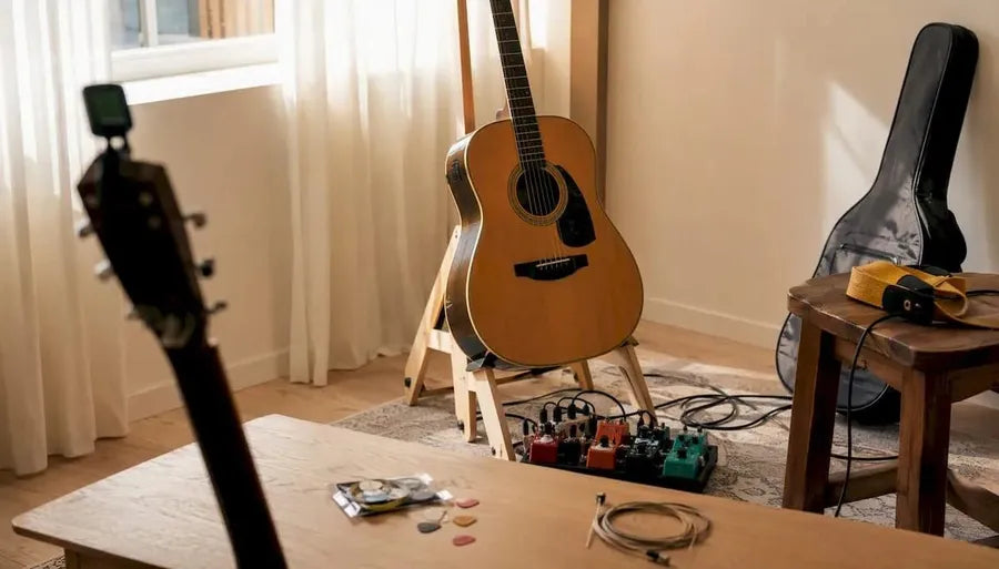Guitar and accessories arranged for beginner practice