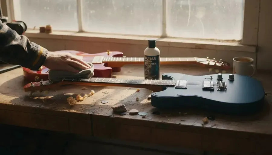 Electric guitars showing different finishes side by side