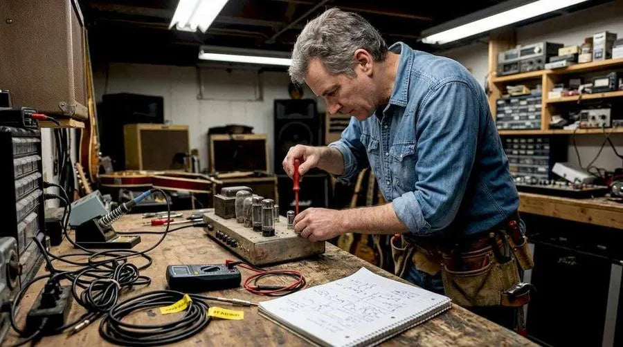 Technician adjusting guitar tube amp bias