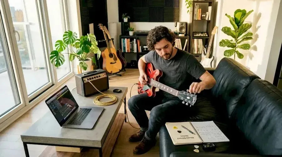 Guitarist tuning semi-hollow guitar in home studio